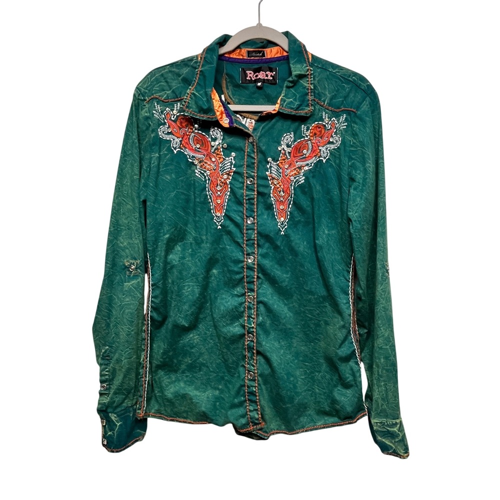 Roar Womens Teal Green Acid Wash Embroidered Western Shirt LAGOOD XL